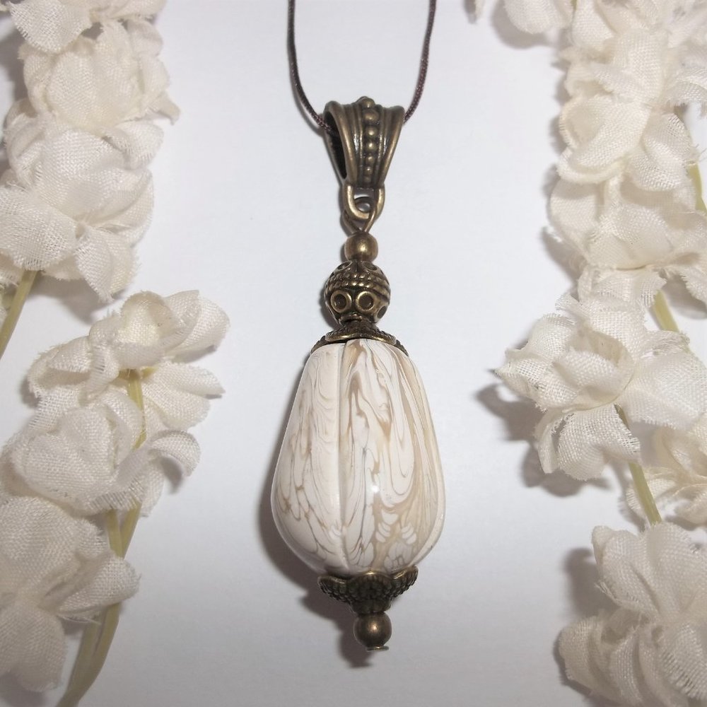 Boho Statement Necklace Pendant Cream Brown Bronze Bohemian Rustic Style 7110 - Picture 2 of 9